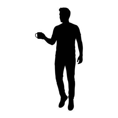 Sağ elinde kahve fincanı tutan siyah bir adamın silüeti. O bir tişört ve kot pantolon giyiyor. Arkaplan düz beyaz.