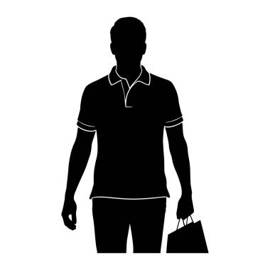 Siyah bir siluet beyaz bir arkaplanda duruyor. O bir polo gömlek ve pantolon giyiyor ve sağ elinde bir alışveriş çantası tutuyor. Silüet temiz ve basit, beyaz çizgiler yaka ve gömlek manşetleri ana hatlarıyla.