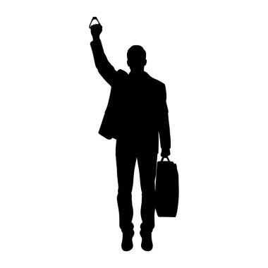 Takım elbiseli bir adamın siyah silueti beyaz bir arkaplanda duruyor. Sağ eli havada bir kayış ve sol elinde bir evrak çantası tutuyor. Bacakları hafifçe bükülmüş ve ayakkabı giyiyor..