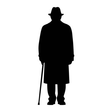 Elinde baston tutan bir adamın siyah silueti. O bir şapka ve uzun bir ceket giyiyor. Arkaplan beyaz.