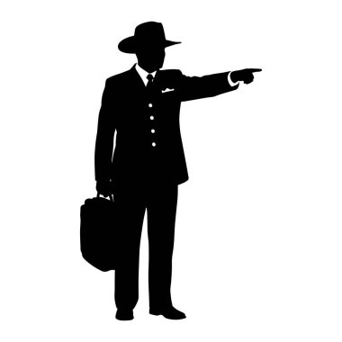 Fötr şapka takan, kravatlı takım elbiseli ve sol elinde evrak çantası tutan siyah silueti olan bir adam. Sağ kolu uzamış ve işaret parmağı da sağı gösteriyor. Şekil beyaz bir arkaplanda izole edilmiştir..