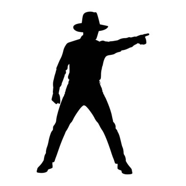 Şapka ve yakalı gömlek giyen bir adamın siyah silueti bacakları açık duruyor. Sağ kolunu ve işaret parmağını dışarı doğru sağa doğru işaret ediyor. Siluet beyaz bir arkaplanda izole edilmiş..