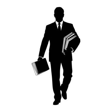 Takım elbiseli ve kravatlı bir adamın siyah silueti bir elinde evrak çantası diğer elinde bir yığın belge taşıyarak öne doğru yürür. Şekil beyaz bir arkaplanda izole edilmiştir..