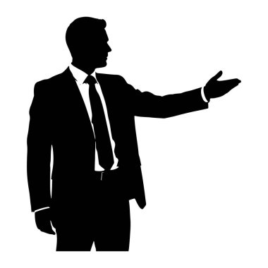Takım elbiseli ve kravatlı bir adamın siyah silueti göğüsten sağa dönük olarak gösteriliyor. Sağ kolu dışa doğru uzanıyor, eli açık, avuç içi yukarıda, hareketli bir pozisyonda. Arkaplan beyaz.