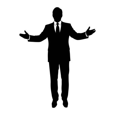 Takım elbiseli ve kravatlı bir adamın siyah silueti kolları açık ve avuçları yukarı bakacak şekilde duruyor. Şekil beyaz bir arkaplanda izole edilmiştir. Adam resmi bir duruş sergiliyor, muhtemelen bir sunum ya da hoş geldin jesti yapıyor..