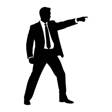 Takım elbiseli ve kravatlı bir adamın siyah silueti, sağ işaret parmağını öne ve hafifçe sağa doğru işaret ederken resmedilir. Vücudu açılı, sol bacağı önde ve sağ bacağı arkada, bu hareket ya da vurgu olduğunu gösteriyor. Arka taraf.