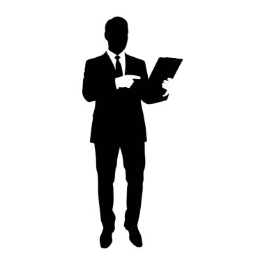 Takım elbiseli ve kravatlı siyah bir adam silueti elinde bir pano tutuyor ve işaret parmağıyla onu işaret ediyor. Arkaplan beyaz.