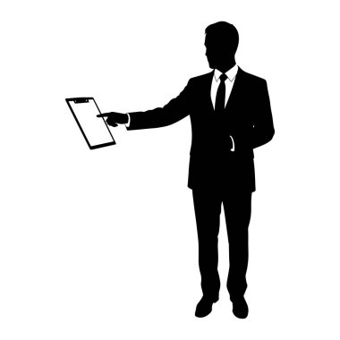 Takım elbiseli ve kravatlı bir adamın siyah silueti sol elinde bir pano tutarak sağ işaret parmağıyla solda duruyor. Pano açılı ve boş beyaz bir yüzeye sahip gibi görünüyor. Arka plan bembeyaz..