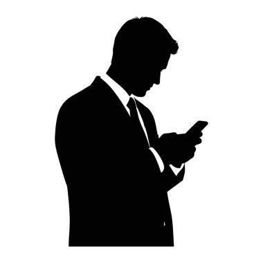 Takım elbise giyen ve kravat takan bir adamın siyah silueti yandan aşağı bakıyor ve akıllı telefon kullanıyor. Arka plan bembeyaz..