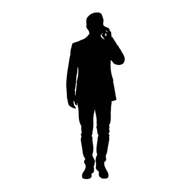 Takım elbiseli bir adamın siyah silueti beyaz bir arkaplanda duruyor. Kulağına bir cep telefonu dayamış ve konuşuyormuş gibi görünüyor. Adam altında ayakkabıları görünen bir ceket, gömlek ve pantolon giyiyor..