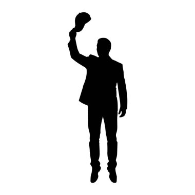 Siyah bir siluet beyaz bir arkaplanda duruyor. O bir takım elbise giyiyor ve sağ elinde bir şapka tutuyor, sanki bir selamlama ya da veda jesti gibi. Sol eli onun yanında asılı. Siluet keskin ve net.