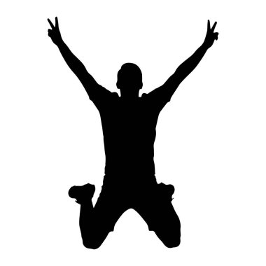 Bir adamın siyah silueti, kolları havada ve parmakları her iki elinde de barış işareti oluşturan bir şekilde orta sıçrayışın ortasında yakalanır. Bacakları bükülmüş, dinamik bir sıçrama ya da alçalmayı işaret ediyor. Bu figür, beyaz bir arkaplan üzerinde izole edilmiştir.