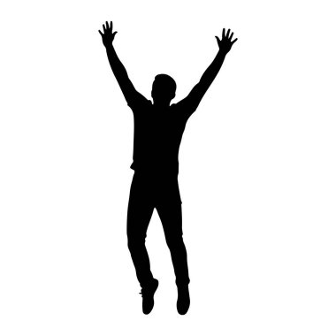İki kolu havada zıplayan bir kişinin siyah silueti. Bu figür, pantolon ve ayakkabılar da dahil olmak üzere günlük giysiler giyiyor. Siluet, dinamik duruşu ve hareket duygusunu vurgulayan düz beyaz bir arkaplan üzerinde izole edilmiştir.