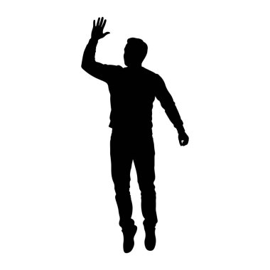 Bir adamın siyah silueti havada yakalanır, atlıyor gibi görünür. Sağ kolu açık, parmakları el sallayarak hareket ediyor. Uzun kollu gömlek ve pantolon da dahil olmak üzere gündelik giysiler giyiyor. 