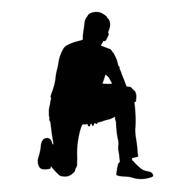 Siyah siluet bir adam bembeyaz bir arka plana karşı diz çökmüş olarak tasvir edilir. Sola bakan figür, sağ dizi bükük ve yerde yatarken, sol bacağı öne doğru uzanıyor. Sol kolu sol kalçasında duruyor.,