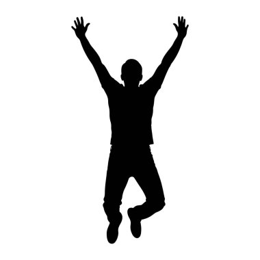 Siyah bir siluet, kollarını başının üstüne kaldırarak atlayan bir insan. Şekil bir tişört ve pantolon giyiyor, ve bacakları havada bükülmüş. Siluet, düz beyaz bir arkaplan üzerinde izole edilir.