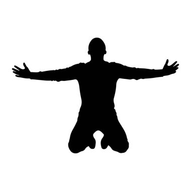 Siyah bir siluet. Kolları açık diz çökmüş bir adam. Kafası öne bakıyor ve elleri açık, avuçları yukarı bakıyor. Şekil beyaz bir arkaplanda izole edilmiştir..