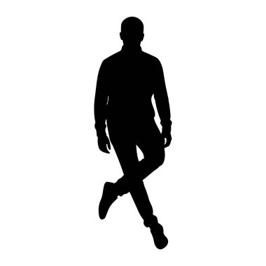 Bacak bacak üstüne atmış bir adamın tam vücut silueti. O günlük giysiler giyiyor, bir tarafa hafifçe eğilmiş gibi görünüyor. Şekil, düz beyaz bir arkaplana karşı koyu siyahtır.