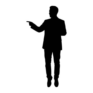 Takım elbiseli ve kravatlı bir adamın siyah silueti beyaz arka planda duruyor. Sola bakıyor ve işaret parmağıyla şu yöne işaret ediyor. Diğer eli göğsüne yakın bir şey tutuyor. Siluet temiz ve keskin, altını çiziyor.