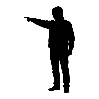 Bir adamın siyah silueti, sağ kolu açık ve işaret parmağı öne doğru uzanmış olarak sola dönük duruyor. O, ceket ve pantolon da dahil olmak üzere günlük giysiler giyiyor. Arkaplan düz beyaz.