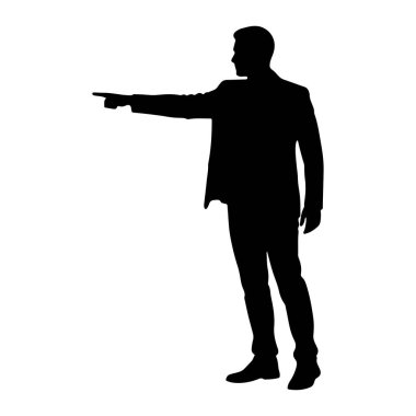 Takım elbiseli bir adamın siyah silueti belden aşağısı, ayakta ve işaret parmağını sola doğru gösteriyor. Şekil beyaz bir arkaplanda izole edilmiştir..