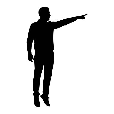 İşaret parmağını öne ve yana doğru gösteren siyah bir siluet. O, bir gömlek, pantolon ve ayakkabılar da dahil olmak üzere günlük giysiler giyiyor. Arkaplan beyaz.