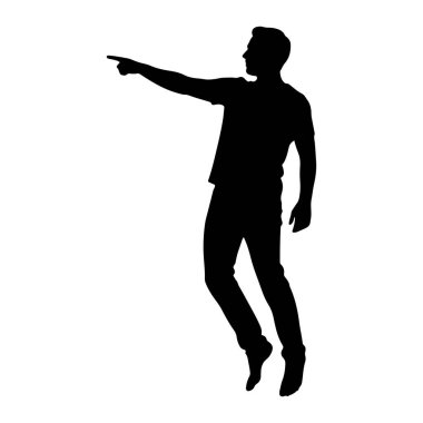 Beyaz arka planda siyah bir adam silueti tasvir edilir. Profilde, yüzü sola dönük, sağ kolu önde ve işaret parmağı önde gösteriliyor. Adam bir tişört ve pantolon giyiyordu. Vücudu hafifçe açılı ve merhaba.