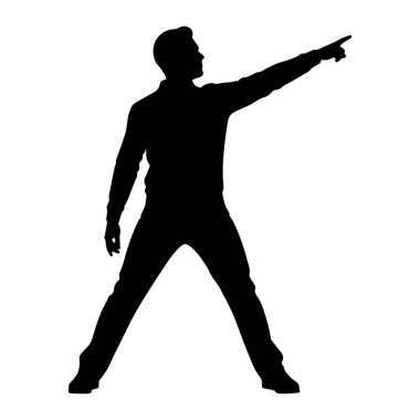 Siyah bir adam silueti bacakları açık duruyor. O yakalı bir gömlek ve pantolon giyiyor. Sağ kolu öne doğru uzanıyor ve işaret parmağı da sağı gösteriyor. Arkaplan beyaz.