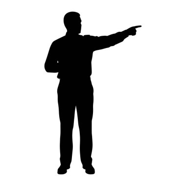 Bir adamın siyah silueti, sağ kolu açık ve işaret parmağı öne doğru uzanmış olarak sola dönük duruyor. O, yakalı bir gömlek ve pantolondan oluşan resmi bir kıyafet giyiyor. Arkaplan düz beyaz.