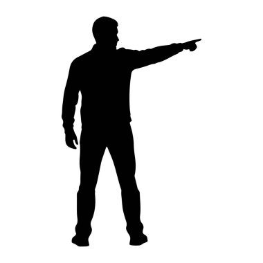 Siyah bir siluet, sağ kolu açık ve işaret parmağı önde duran bir adamın yüzü sağa dönük duruyor. O, bir gömlek ve pantolon da dahil olmak üzere günlük giysiler giyiyor. Siluet beyaz bir arkaplanda izole edilmiş..