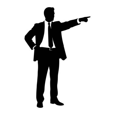 Takım elbiseli ve kravatlı bir adamın siyah silueti bir eli kalçasında diğeri de öne bakıyor. Şekil beyaz bir arkaplanda izole edilmiştir..