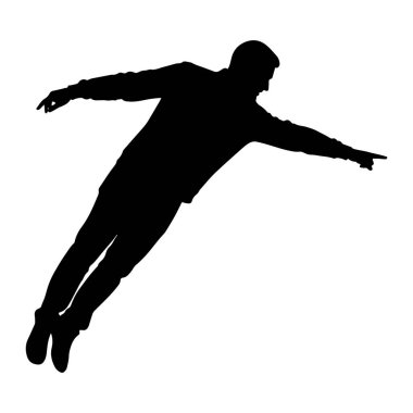 Bir adamın siyah silueti dinamik bir pozda yakalanır, havada gibi görünür. Sağ kolu açık ve işaret parmağı kararlı bir şekilde öne doğru eğiliyor. Vücudu açılı, bacaklarıyla hareket ya da uçmayı öneriyor.
