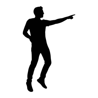 Siyah bir siluet beyaz arka planda duruyor. Sağa bakıyor ve sağ işaret parmağını öne doğru gösteriyor. Sol eli kalçasındaydı. Günlük giysiler giyiyor..