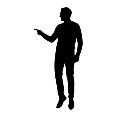 Ayakta duran ve işaret parmağını sola doğru gösteren siyah bir siluet. O, gömlek ve pantolondan oluşan günlük giysiler giyiyor. Şekil beyaz bir arkaplanda izole edilmiştir..