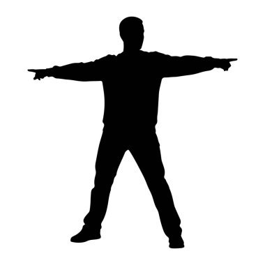 Siyah bir adam silueti kollarını yatay olarak uzatarak zıt yönleri işaret eder. O, pantolon ve uzun kollu bir gömlek de dahil olmak üzere günlük giysiler giyiyor. Şekil beyaz bir arkaplanda izole edilmiştir..