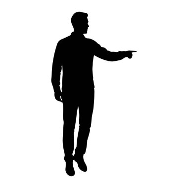Sağ işaret parmağını öne doğru gösteren ve ayakta duran bir adamın tam vücut silueti. O, bir gömlek ve pantolondan oluşan ayaklarında ayakkabılar olan günlük giysiler giyiyor. Beyaz arka plan karşısında siyah bir figür var..