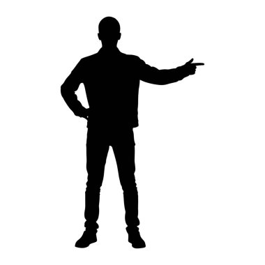 Bir adamın siyah silueti sağ kolu açık ve işaret parmağı sağı işaret ederek öne bakıyor. Sol eli kalçasındaydı. O bir ceket, kot pantolon ve ayakkabı giyiyor. Arkaplan beyaz.
