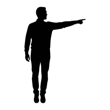 Bir adamın siyah silueti, sağ kolu açık ve işaret parmağı öne doğru uzanmış bir şekilde sola dönük duruyor. O, uzun kollu gömlek ve pantolon da dahil olmak üzere günlük giysiler giyiyor. Arka plan bembeyaz..