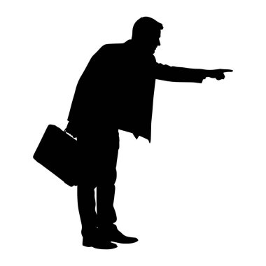 Takım elbiseli bir adamın sol elinde evrak çantası tutan ve sağ işaret parmağıyla işaret eden siyah bir silueti. Hafifçe öne eğiliyor ve vücudu sağa doğru açılı. Arka plan bembeyaz..