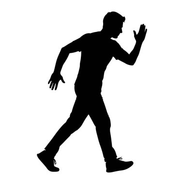 Hareket eden bir adamın siyah silueti, sağ kolu havada ve sol kolu arkada uzanmış bir şekilde öne doğru koşuyor. Günlük giysiler ve spor ayakkabılar giyiyor. Arkaplan düz beyaz.