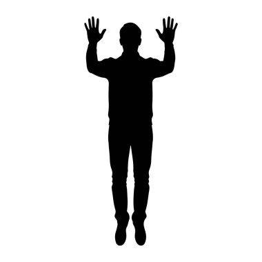Kolları havada ve avuçları açık duran bir adamın siyah silueti. Şekil beyaz bir arkaplanda izole edilmiş. Silüet, gömlek ve pantolon giyen birini gösteriyor..