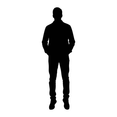 Siyah bir siluet, elleri ceplerinde öne doğru bakıyor. O yakalı bir ceket ve kot pantolon giyiyor. Arka plan bembeyaz..