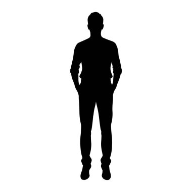 Elleri cebinde duran bir adamın siyah silueti. Uzun kollu bir gömlek, pantolon ve ayakkabı giyiyor. Arkaplan düz beyaz.