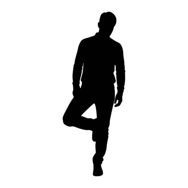 Bir bacağı diğerinin üzerinde çapraz duran siyah bir adam silueti. Uzun kollu giysiler giyiyor ve düz beyaz bir arka plana karşı rahat bir poz veriyor gibi görünüyor..