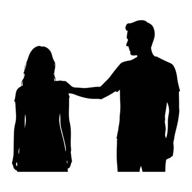 Siyah bir erkek silueti, siyah bir kadın siluetinin sağında duruyor. Adam sağ kolunu uzatmış, eli kadının sol omzunda dinleniyor. Her iki figür de öne bakıyor, erkek kadına bakıyor. Çanta.