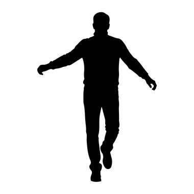 Siyah bir siluet. Kolları yanlara doğru açık yürüyen bir adam. O, uzun kollu bir gömlek ve pantolon giyiyor, ayaklarında ayakkabılar var. Arka plan bembeyaz..