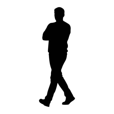 Kollarını kavuşturup yürüyen siyah bir siluet. O, kot pantolon ve ayakkabılar da dahil olmak üzere günlük giysiler giyiyor. Şekil beyaz bir arkaplanda izole edilmiştir..