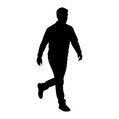 Beyaz arka planda yürüyen bir adamın siyah silüeti. Adam tüm vücuduyla tasvir ediliyor, sol bacağı yürüyen bir adımda ileri doğru uzanmış olarak sağa bakıyor. Uzun kollu gömlek ve pantolon da dahil olmak üzere günlük kıyafetler giyiyor. Onun.