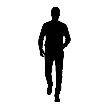 Bir eli cebinde yürüyen bir adamın siyah silueti. O uzun kollu bir gömlek ve pantolon giyiyor. Arkaplan düz beyaz.