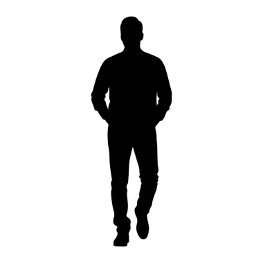 Seyirciye doğru elleri cebinde yürüyen siyah bir siluet. O, bir gömlek ve pantolon da dahil olmak üzere günlük giysiler giyiyor. Arkaplan bembeyaz, figürün ana hatlarını vurguluyor..